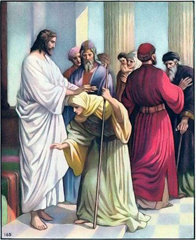 Jesus heals a woman bent with infirmity